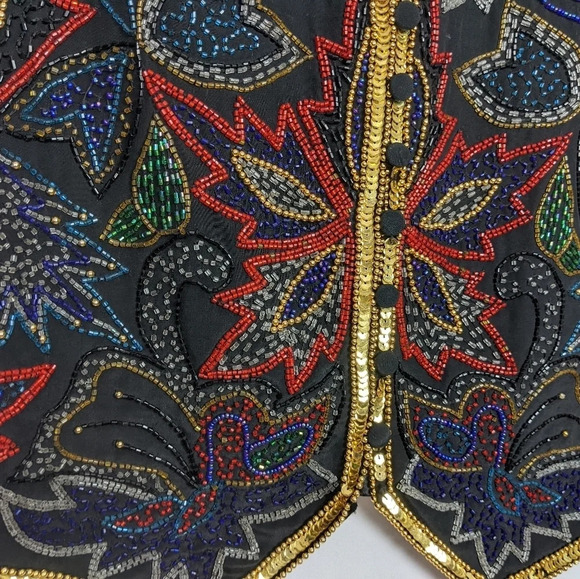 Spencer Jeremy Vintage 90s Floral Leaf Beaded Sequin Embellished Silk Vest sz.M - Picture 5 of 6